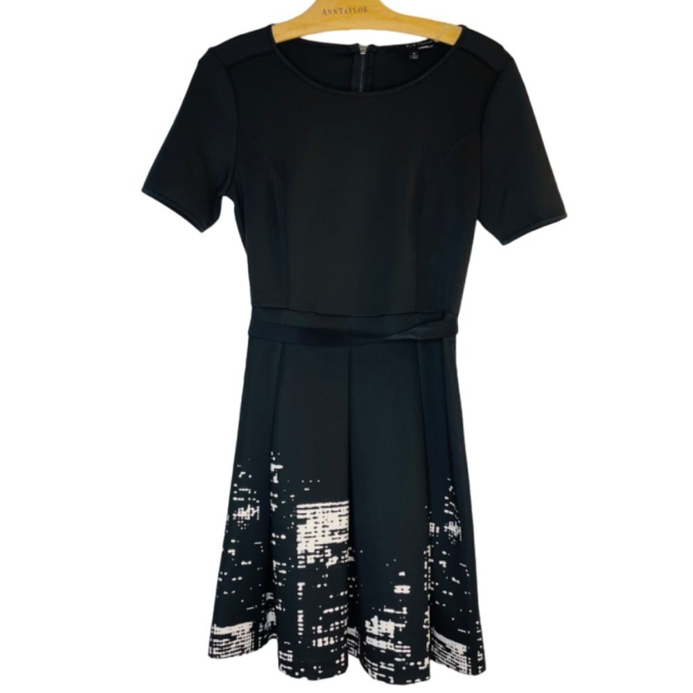 Elie Tahari DesigNation Black White Dress Sz 4 NYC Skyline Fit & Flare Pleated